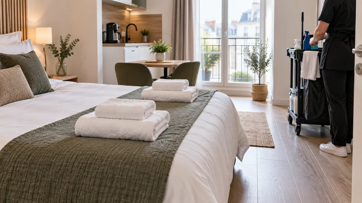 Studio meublé remis en état entre deux voyageurs : serviettes propres sur le lit et chariot de ménage près de l'entrée