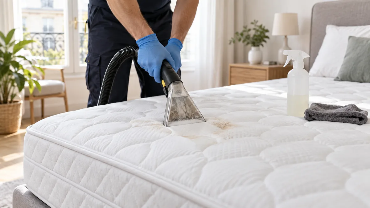 Nettoyage par injection-extraction d'un matelas blanc taché, à côté d'un vaporisateur et d'une microfibre